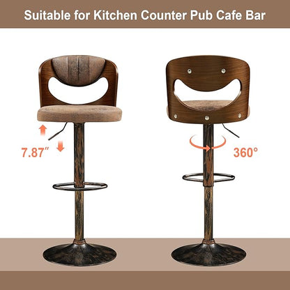 VECELO BarStools Set of 4,Kitchen Island Stools with Bentwood Back,Arm&Footrest,Counter Height Bar Chairs PU Leather Cushion Seat Adjustable Height 360°Swivel,Island Chairs for Club Pub,Rustic Brown