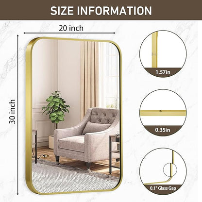 Matte Gold Mirror, 20x30 Inch Brushed Gold Mirror, Aluminum Alloy Framed Vanity Mirror, Rounded Rectangle Bathroom Mirror for Over Sink, Anti-Rust Wall Mirror (Horizontally or Vertically)