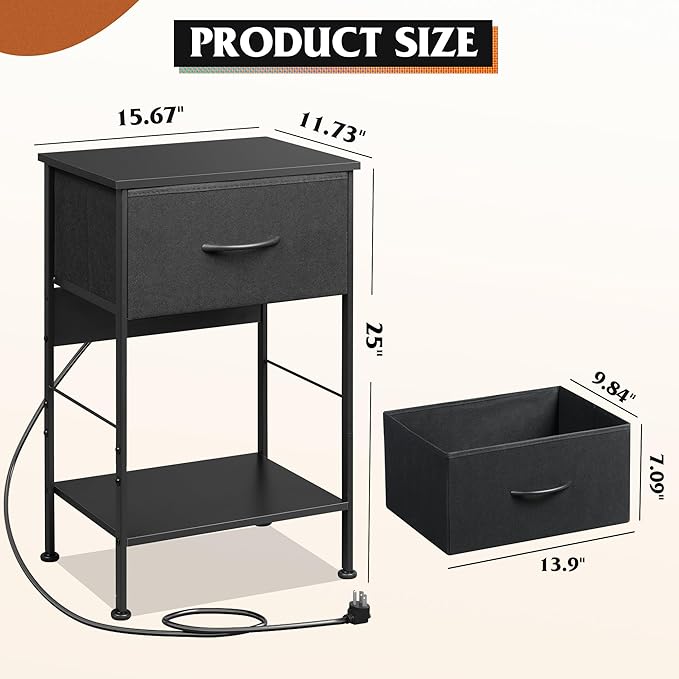 WLIVE Night Stand with Charger Station, Small Nightstand with 1 Fabric Drawer and Open Wood Shelf, 25" H Bedside Table for Bedroom, 2-Tier Storage Side Table for Dorm, Entryway, Black