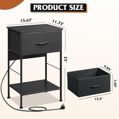 WLIVE Night Stand with Charger Station, Small Nightstand with 1 Fabric Drawer and Open Wood Shelf, 25" H Bedside Table for Bedroom, 2-Tier Storage Side Table for Dorm, Entryway, Black