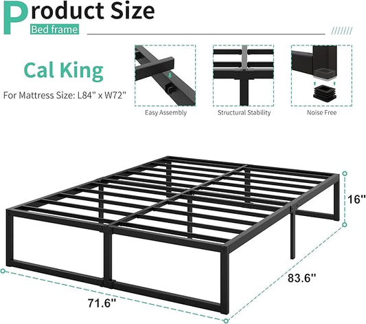 16 Inch California King Bed Frames No Box Spring Needed Heavy Duty Metal Cal King Platform for Mattress Foundation, Noise Free, Easy Assembly, Black