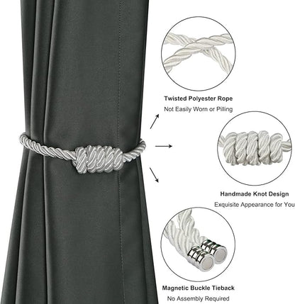 BEL AVENIR Magnetic Curtain Tiebacks, Decorative Drapery Holdbacks Modern Woven Tie-Backs with Exquisite Knot (White, 4 Pack)