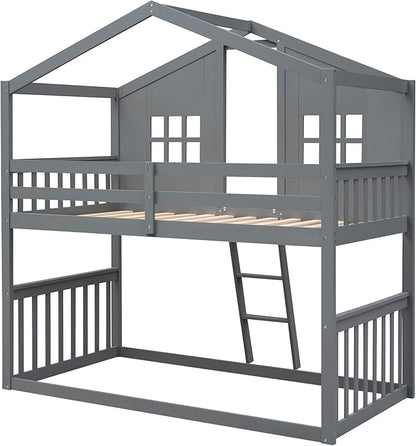 Ball & Cast Twin Over Twin Size House Bunk with Ladder and Window,Wood Bunkbed w/Full-Length Guard Rail & Ladder,Slat Support,Space Saving,Bedroom Furniture for Student Dorms,Gray