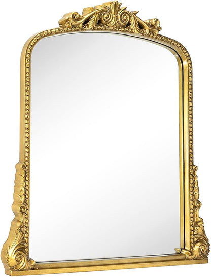 Antiqued Gold Ornate Mirror Arched Mantel Wall Mirror Baroque Inspired Bathroom Vanity Rectangle Wall Mounted Mirror, 30 x 34''