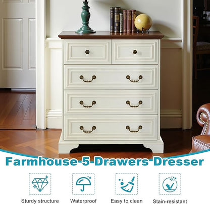 31.5" Farmhouse Sideboard Buffet Cabinet with Storage, Kitchen Buffet Storage Cabinet with 5 Drawers, Modern Wood Accent Sideboard for Living Room, Kitchen, Hallway(Antique Brown+White)