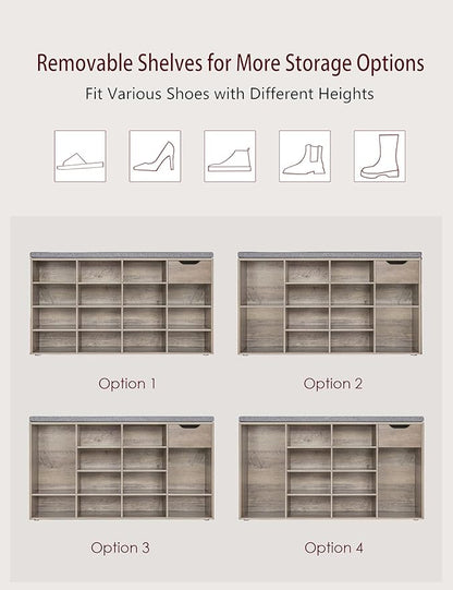DINZI LVJ Shoe Bench, Entryway Storage Bench with Drawer and 15 Cubbies, Cubby Shoe Rack with Adjustable Shelves, Shoe Organizer Cabinet for Living Room, Bedroom, Mudroom, Closet and Garage, Greige
