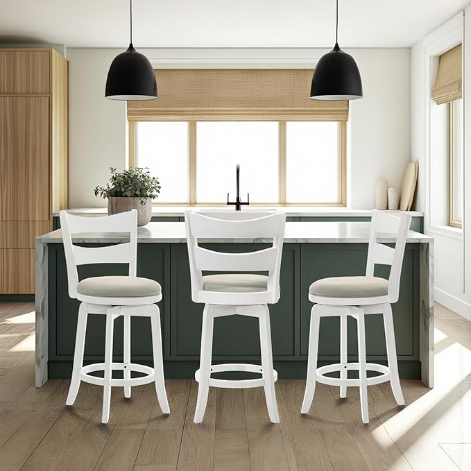 Armen Living Blair 26 in. Matte White Counter Height Rubberwood Swivel Barstool with Fog Fabric Seat - Set of 2
