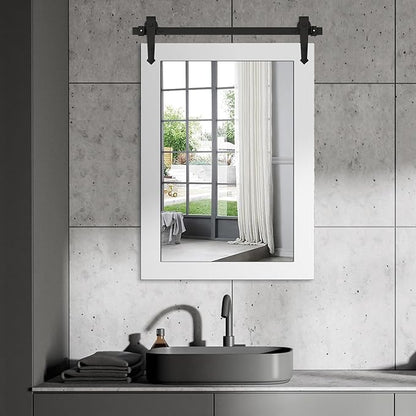 Farmhouse Bathroom Mirror for Over Sink 22”x32” Wood Frame Rustic Barn Door Bathroom Vanity Mirror, Wall Mirror for Bathroom, Living Room, Bedroom, Entryway (Bright White)