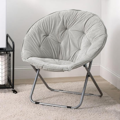mDesign Urban Papasan Folding Moon Chair - Large Saucer UFO Chair with Collapsible Metal Frame - Fuzzy Foldable Dish Seat for Home Office, Living Room, Dorm Room, and Bedroom - Gray/Silver