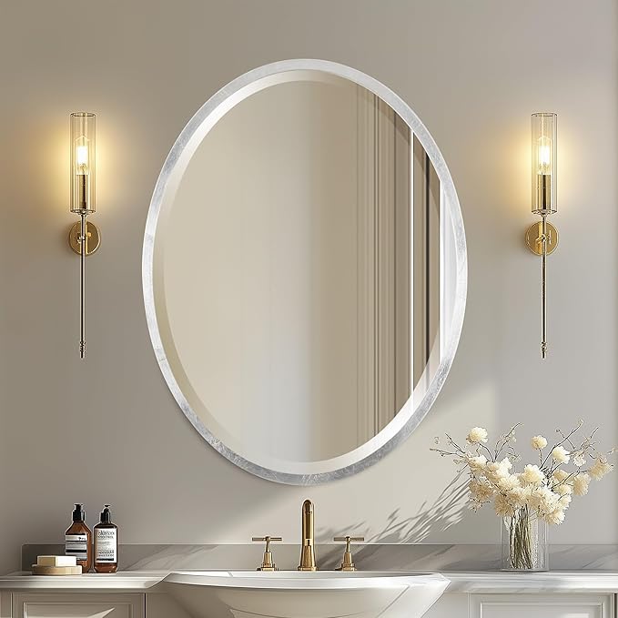OVALCREST - Oval Wooden Beveled Wall Mirror for Home Decor, Bathroom, Vanity, Bedroom, Living Room, Hallway - London Style (Silver Leaf with Brown Antique) 19.1 x 25.1