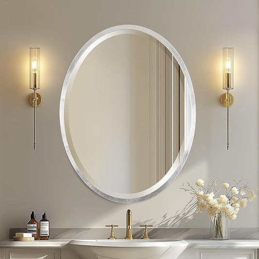 OVALCREST - Oval Wooden Beveled Wall Mirror for Home Decor, Bathroom, Vanity, Bedroom, Living Room, Hallway - London Style (Silver Leaf with Brown Antique) 19.1 x 25.1