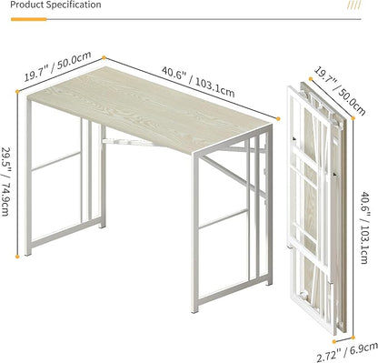 40 inch Folding Desk, Writing Gaming Computer Camping Desk, No Assembly Required Home Office Table, Natural and White