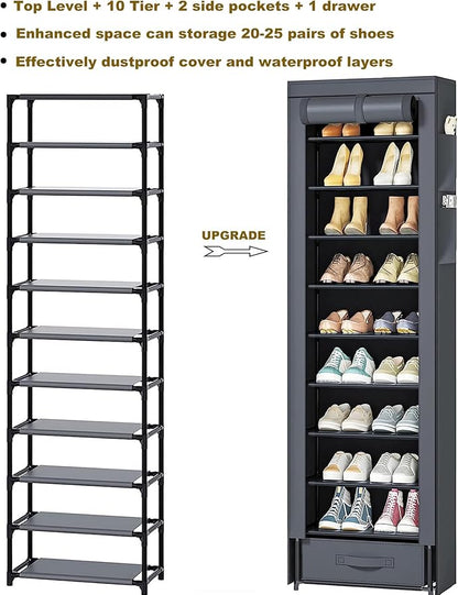 Shoes Rack 10 Tier Tall Narrow Shoe Rack with Bin Covered Shoe Shelf Storage Organizer Closet Stackable Shoe Stand