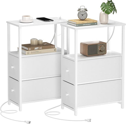 TUTOTAK Small Narrow End Table with Charging Station, Set of 2, Side Table with Outlets, Nightstand with 2 Cloth Drawers, Couch Table, for Living Room, Bedroom, Bedside, White TB01BW055