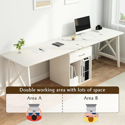 2-Person Desk with Storage Cabinet - 94" Wooden Extra Long L Shaped Table, Double Work Study Computer Workstation for Home Office, White, 94" W x 24" D
