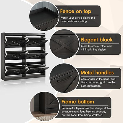 Maupvit Large Shoe Storage Cabinet with 6 Flip Drawers, Freestanding Shoe Organizer with Metal Handles for Entryway, Narrow Shoe Rack Cabinet, Black