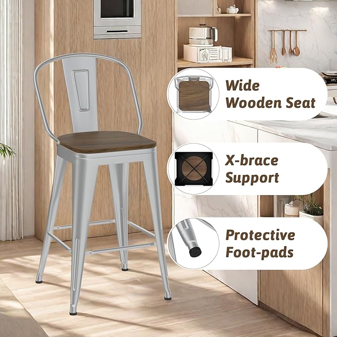 26” Swivel Bar Stools Set of 4, Counter Height Bar Stools Wooden Seat, Metal Industrial Bar Chairs with High Back for Kitchen Island (Silver)
