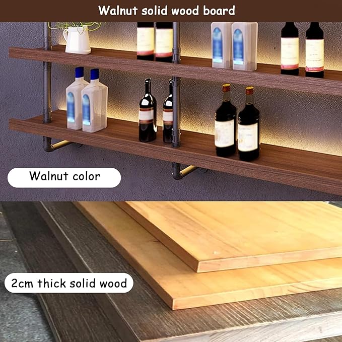 47.2in Large Wine Rack with LED Light Solid Wood Wall Mounted Wine Rack, 3-Tiers Liquor Bottles Floating Shelves Display Storage Organizer for Home Bar & Dining Room (120cm/47.2in)