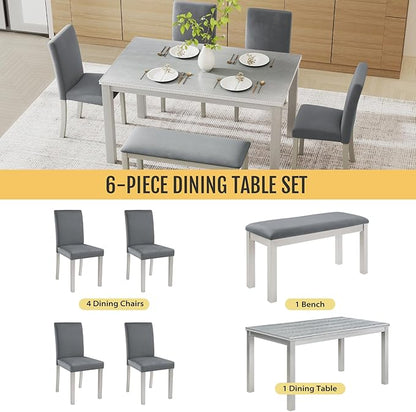 6-Piece Solid Wood Dining Table Set, Including 1 Dining Table, 4 Upholstered Chairs and 1 Bench, Wooden Dining Table Set with Crystal Decoration for Kitchen, Dining Room, Silver Grey