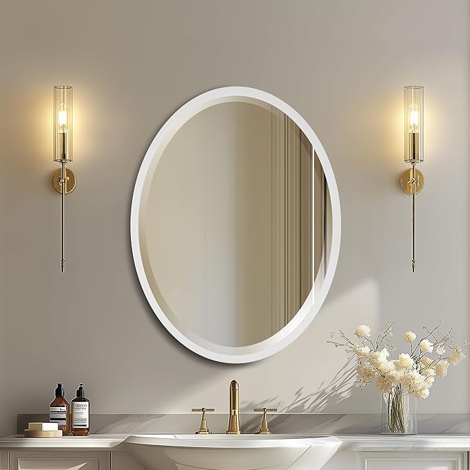 OVALCREST - Oval Wooden Beveled Wall Mirror for Home Decor, Bathroom, Vanity, Bedroom, Living Room, Hallway - London Style (Linen White) 21.1 x 25.1