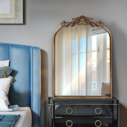 WAMIRRO Antique Mirror,Gold Traditional Vintage Ornate Baroque Arched Brass Wall Mounted Mirrors for Entryway/Fireplace/Living Room/Hallway/Bathroom 19"X27"