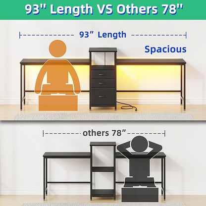 93'' Two Person Desk with Charging Station, Long Desk with 3 Drawers and Printer Shelf, Double Computer Desk, Fabric Drawers, 2 Person Writing Study Table Workstation for Home Office, Black