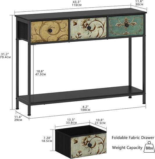 Tohomeor Entryway Console Table with 3 Retro Flowers Fabric Drawers Boho Narrow Long Behind Couch Farmhouse Sofa Table with Bottom Open Storage Shelf for Hallway Living Room Foyer (Black, 3 Drawers)