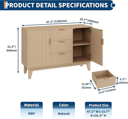 Garvee 47.2" Fluted Buffet Cabinets with Storage, Sideboard Storage Cabinet with 3 Drawers and 2 Doors, Modern Mid Century TV Stand Coffee Bar Furniture for Living Room, Kitchen, Entryway- Oak