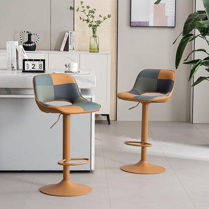 YOUNIKE Bar Stools Set of 2, Boho Colorful Patchwork Barstools, Adjustable Swivel Counter Height Bar Stool Faux Leather Upholstered Barstool with Back, Compact Bar Chair for Kitchen Island, TanGreen
