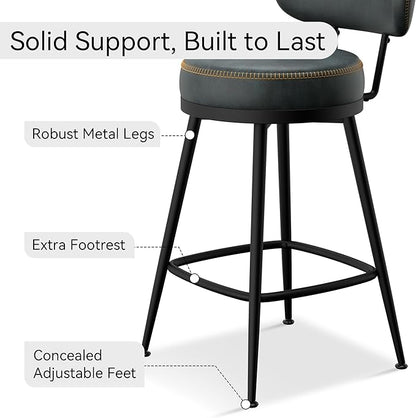 Counter Height Bar Stools, 26" H Swivel Barstools Set of 6, Faux Leather Kitchen Counter Stools with Back and Stylish Stitching, Metal Frame, Pub, Home Bar, Balck Green