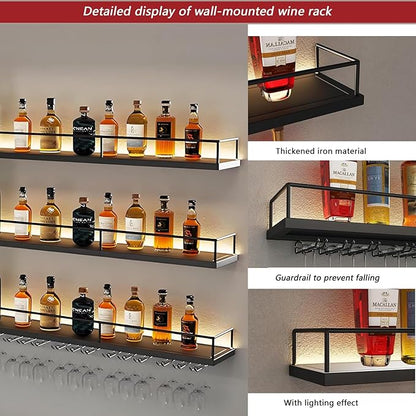 63in Wall-Mounted Metal Wine Rack with LED Lights 3-Tier Floating Bar Shelves with Wine Glass Rack Large Wine Bottle Display Rack Hanging Shelf, for Home Bar Dining Room Decorative (black, 160cm/63in)