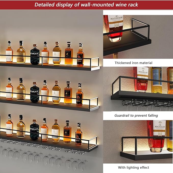 63in Wall-Mounted Metal Wine Rack with LED Lights 3-Tier Floating Bar Shelves with Wine Glass Rack Large Wine Bottle Display Rack Hanging Shelf, for Home Bar Dining Room Decorative (Gold, 160cm/63in)
