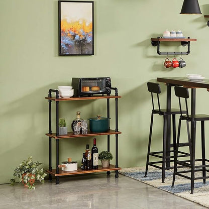 Industrial Bookshelf, 3 Tier Pipe Shelving, Industrial Pipe Shelf - Rustic Brown, 29.5" L x 11.8" W x 39" H