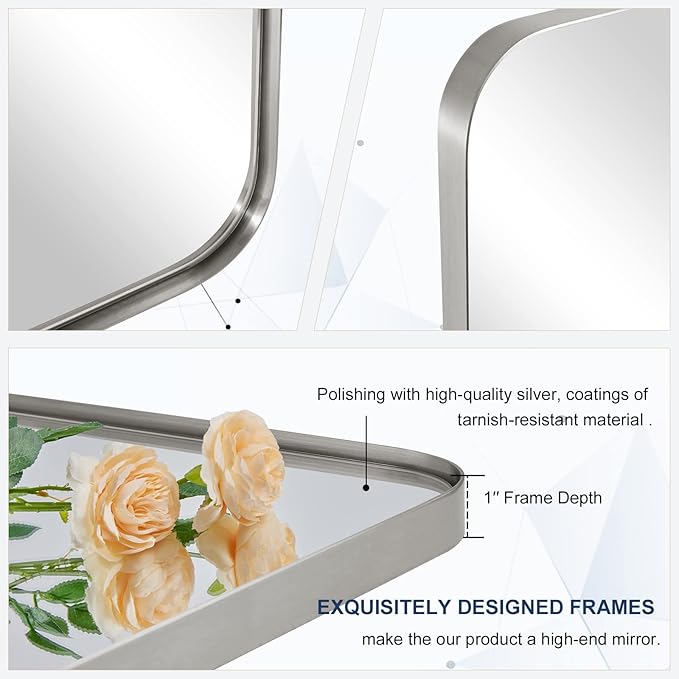 MOON MIRROR 20" x 28" Brushed Nickel Metal Framed Pivot Rectangle Bathroom Mirror, Silver Tilting Rounded Rectangular Vanity Mirror for Wall Mounted Hangs Vertical Only