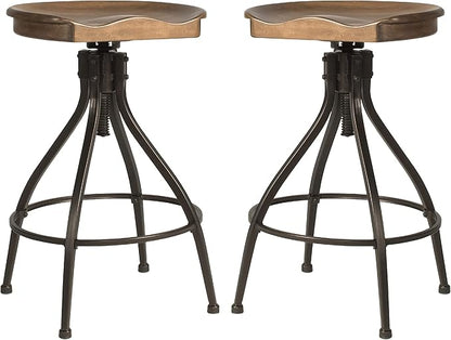 Hillsdale Worland Backless Metal Adjustable Height Stool with Wood Saddle Seat, Set of 2, Brown