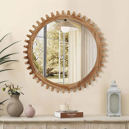 ULIKE Round Wood Mirror, 30 Inch Rustic Farmhouse Circle Mirror with Wooden Frame, Mordern Wall Decor for Bathroom Nursery Bedroom Living Room Entryway, Brown