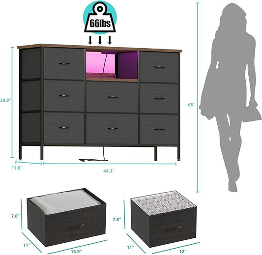 Black Dresser with LED Lights & Power Outlets, Dresser TV Stand with 8 Drawers for 55" TV, Fabric Chest of Drawers for Bedroom, Living Room, Entryway