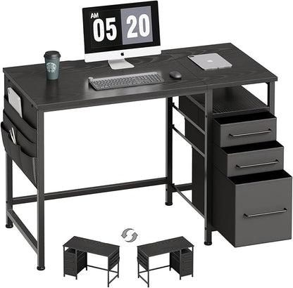 Ｍａｉｈａｉｌ Maihail Small Desk with Drawers, 40 inch Computer Desk with Shelves, Writing Desk with Storage, Small Office Desk with Metal Frame, Black