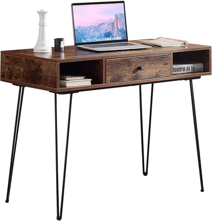 VECELO 39.3" Home Office Work Table with Drawers Computer Desk Writing/Study, 39 Inch Hairpin Legs, Retro Brown