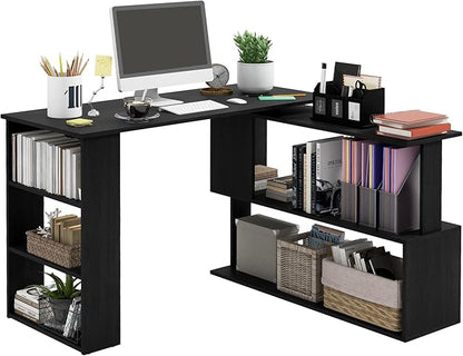 HOMCOM L Shaped Desk, Corner Computer Desk, 360 Degree Rotating Home Office Desk with Storage Shelves, Writing Table Workstation, Black