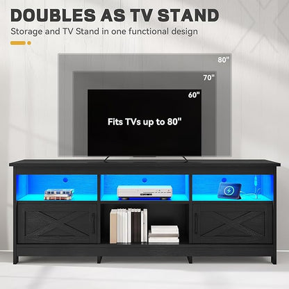 YITAHOME TV Stand for 80/75/70 Inch TVs with LED Lights, Farmhouse Entertainment Center with Storage Cabinets, Open Shelves & Adjustable Shelf for Living Room, Black