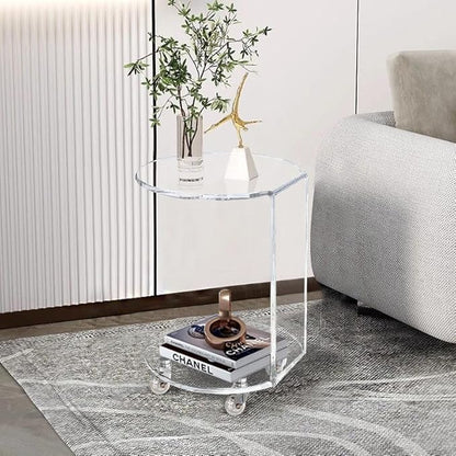 ONELUX C-Shaped Round Acrylic Side Sofa Table on Wheels,Clear Rolling Decoration Table for Living Room or Bedroom