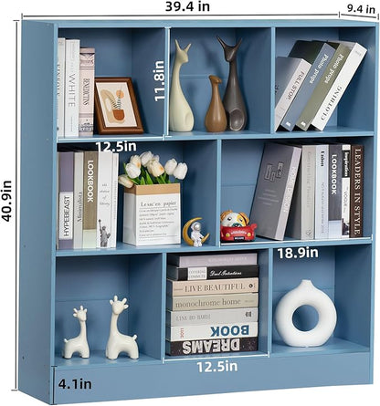 YAHARBO 3 Tier Bookshelf,Wide Kids Horizontal Bookcase,8 Cube Blue Book Shelf,Large Display Toy Storage Cabinet with Base,Floor Standing Modern Bookcases Organizer for Bedroom,Nursery,Playroom
