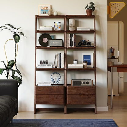 100% Solid Wood 5 Tier Ladder Shelf, Narrow Ladder Bookshelf with Drawers, 63.78" Tall Wood Bookcase Storage Rack Organizer, Freestanding Storage Shelve for Living Room Bedroom
