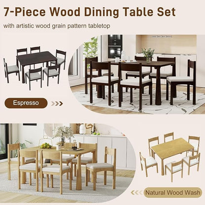 Dining Table with Chairs Set of 6, 7-Piece 60" Farmhouse Rectangular Dining Room Table with 6 Upholstered Solid Wood Chairs, Space Saving Kitchen Tables for Small Place (Espresso)