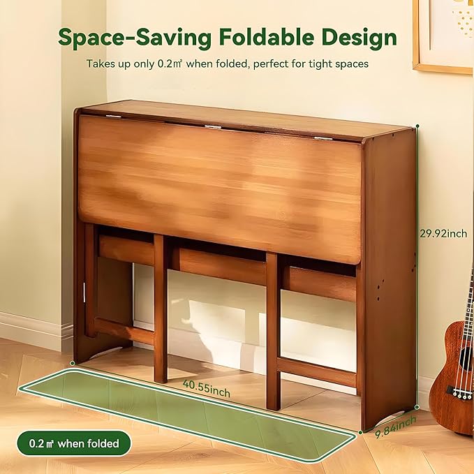 Bamboo Folding Desk Mid Century Modern Desk for Home Office Bedroom Small Spaces, Brown，40.55" Long Desktop