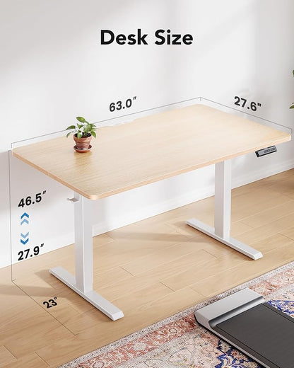 HUANUO 63" x 28" Electric Standing Desk Adjustable Height, 4 Memory Height Settings, Headphone Hook, Cable Manager, Sit Stand Up Desk for Home Office & Computer Workstation, Nature