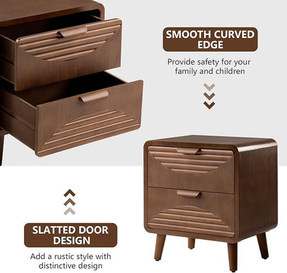 COSIEST Mid-Century Nightstand, Vintage Accent Furniture w 2 Storage Drawers, Modern End Table w Striped Pattern, Wood Small Accent Table for Bedroom, Living Room(Brown,2 Pieces)