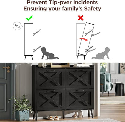 Maupvit Large Shoe Storage Cabinet with 4 Flip Drawers, Narrow Shoe Cabinet for Entryway with Wooden Legs, Freestanding Hidden Shoe Rack Organizer ＆ Metal Hinges, Black