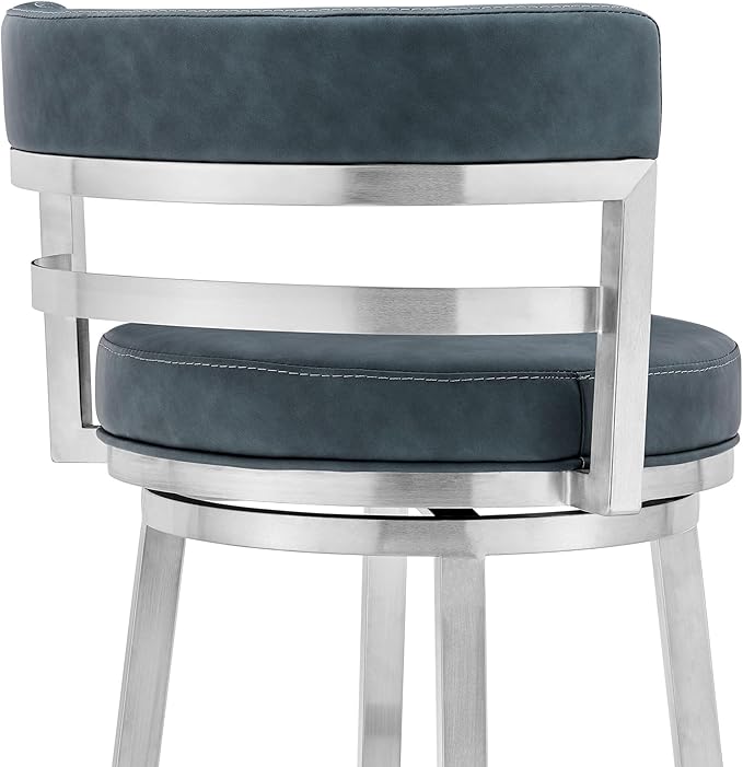 Armen Living Madrid 26" Seat Height Swivel Modern Blue Faux Leather and Brushed Stainless Steel Bar Stool for Kitchen Island Counter